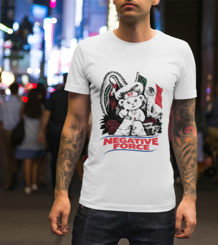 Negative Force Bear With Mexican Flag Virgin Mary Roses T-Shirt