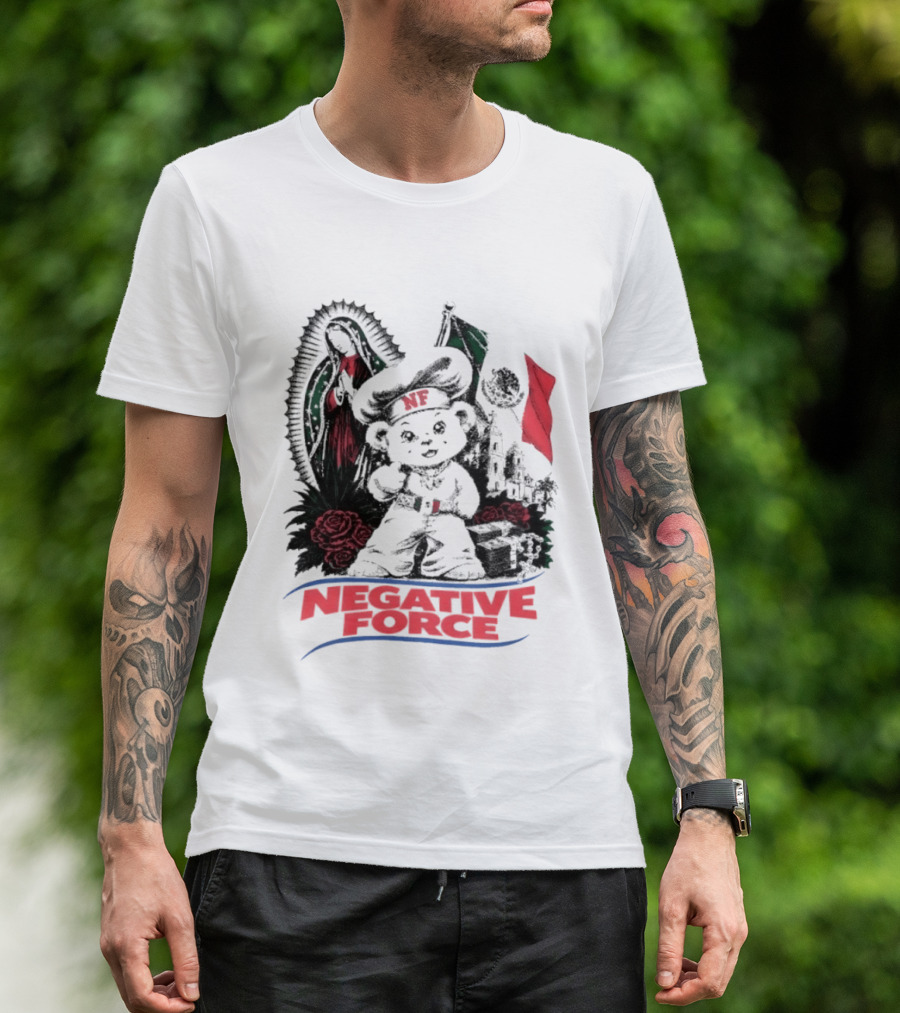 Negative Force Bear With Mexican Flag Virgin Mary Roses T-Shirt