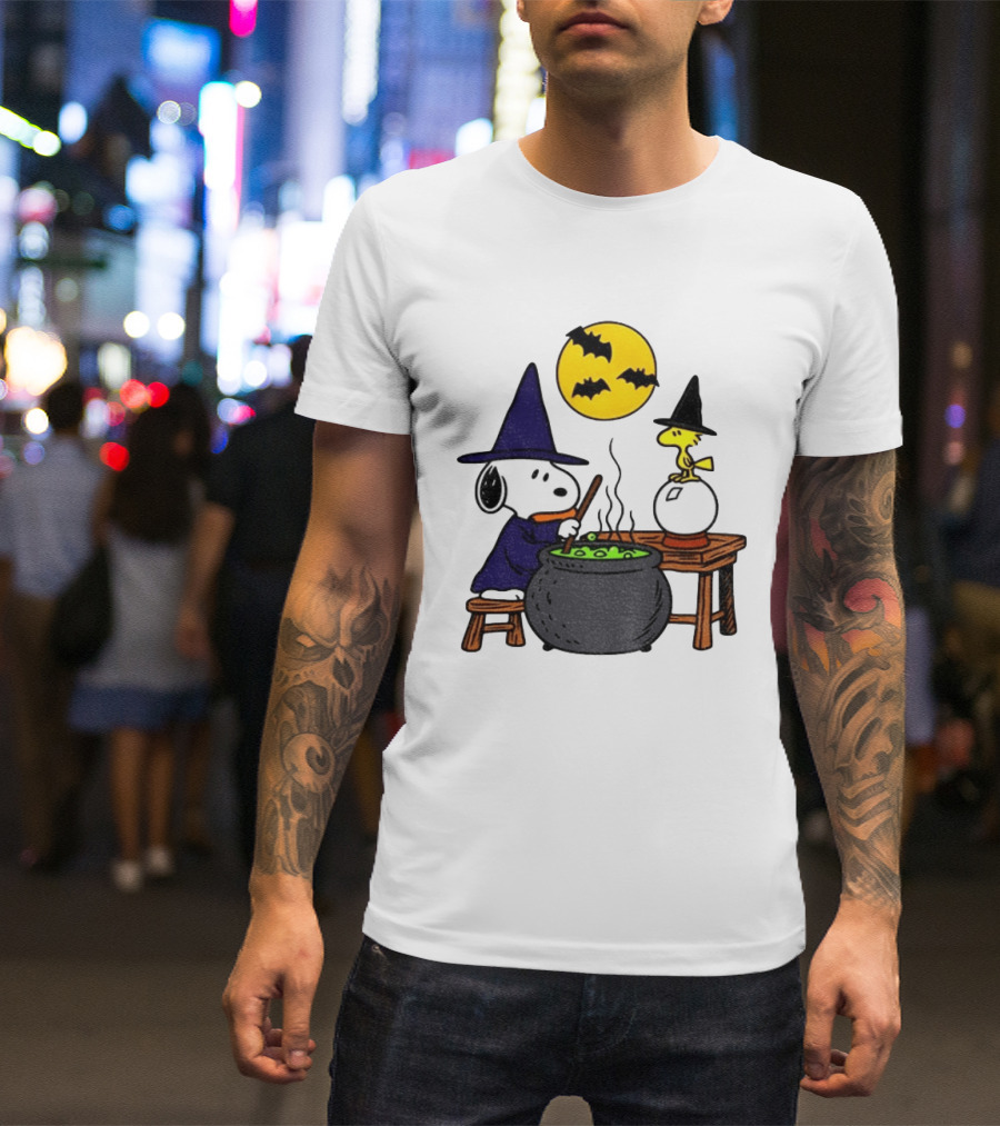 Snoopy Witch Cauldron Woodstock Crystal Ball Halloween Moon Bats T-Shirt
