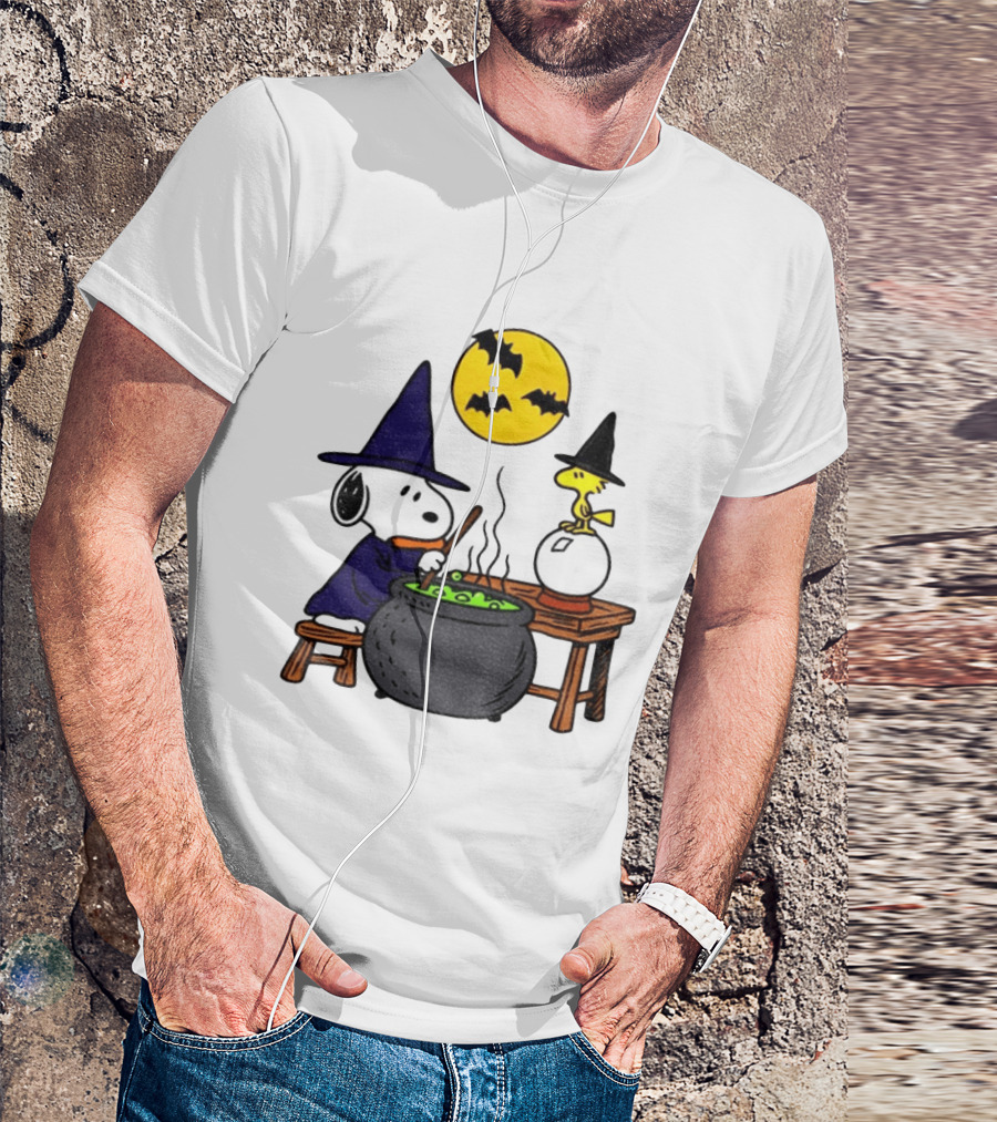 Snoopy Witch Cauldron Woodstock Crystal Ball Halloween Moon Bats T-Shirt