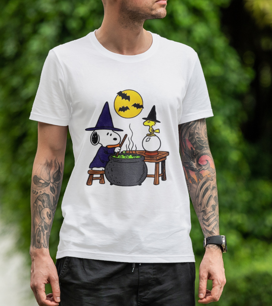 Snoopy Witch Cauldron Woodstock Crystal Ball Halloween Moon Bats T-Shirt