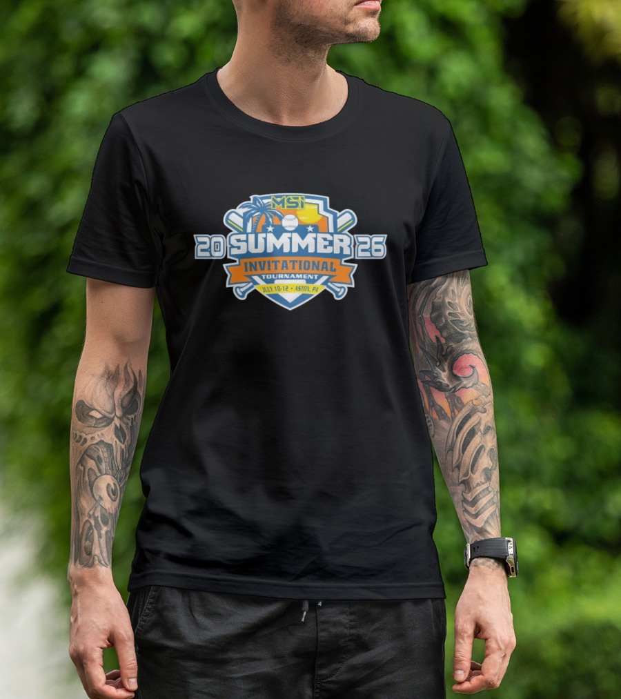 MSI Summer Invitational Tournament 2026 July 10 12 Aston PA Baseball Bat Beach Palm Tree Sunburst T-Shirt