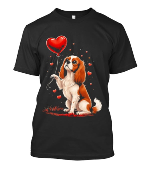 Cavalier King Charles Spaniel With Heart Balloon Surrounded By Floating Hearts T-Shirt