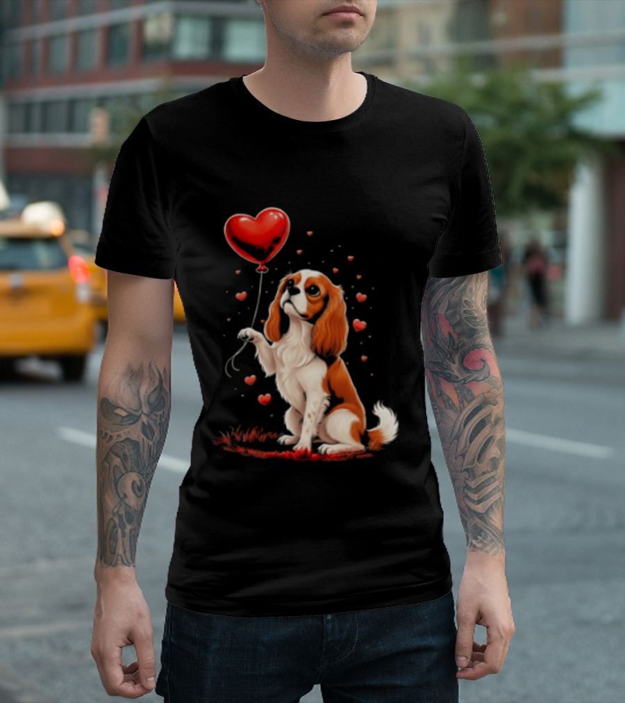 Cavalier King Charles Spaniel With Heart Balloon Surrounded By Floating Hearts T-Shirt