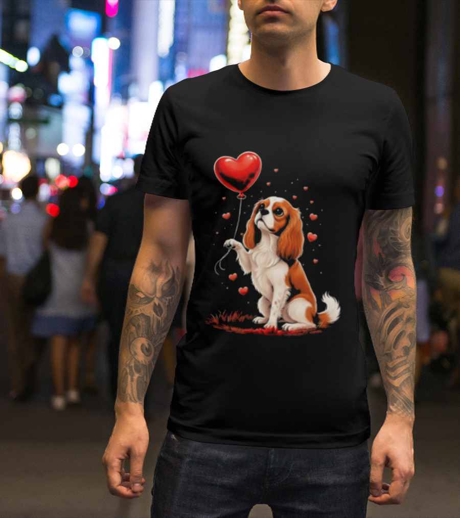 Cavalier King Charles Spaniel With Heart Balloon Surrounded By Floating Hearts T-Shirt