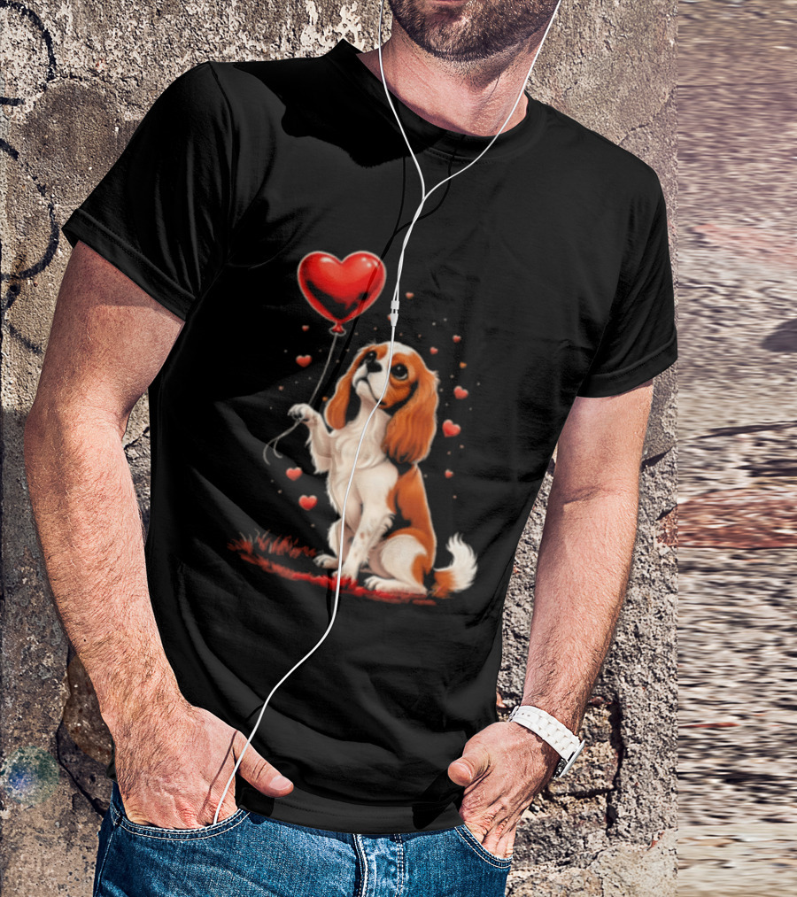 Cavalier King Charles Spaniel With Heart Balloon Surrounded By Floating Hearts T-Shirt