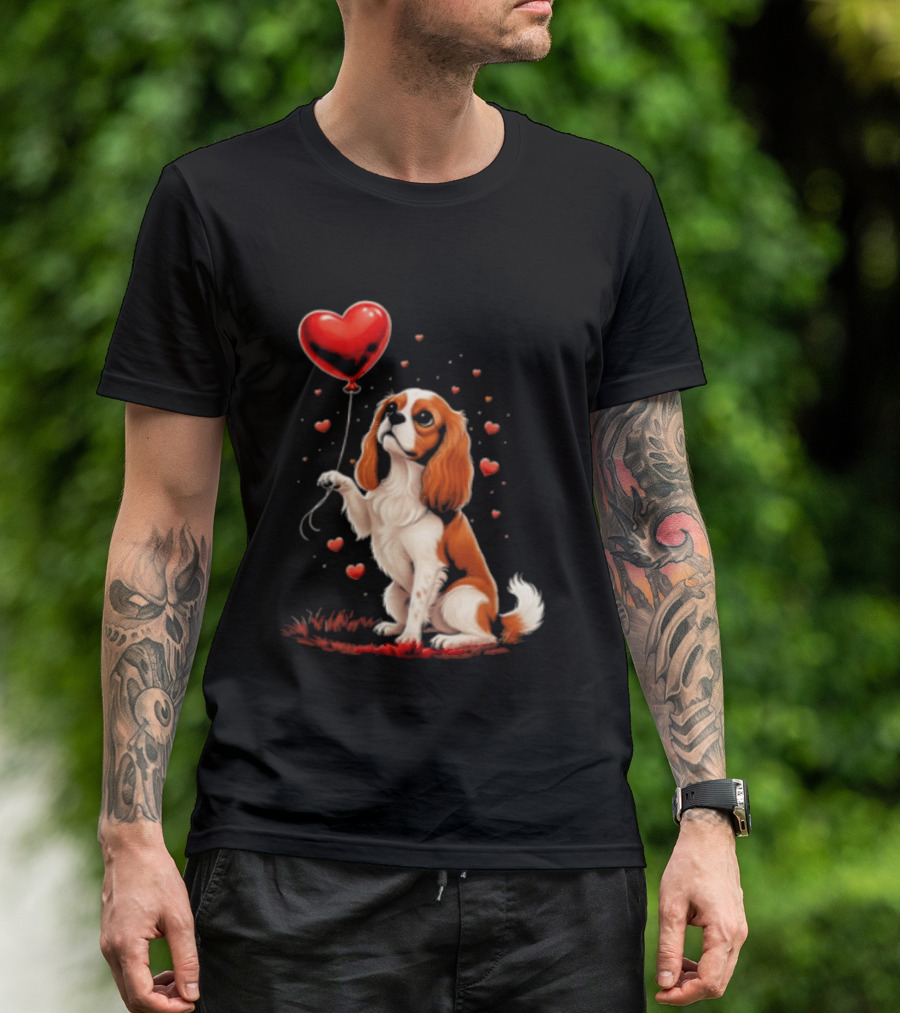 Cavalier King Charles Spaniel With Heart Balloon Surrounded By Floating Hearts T-Shirt