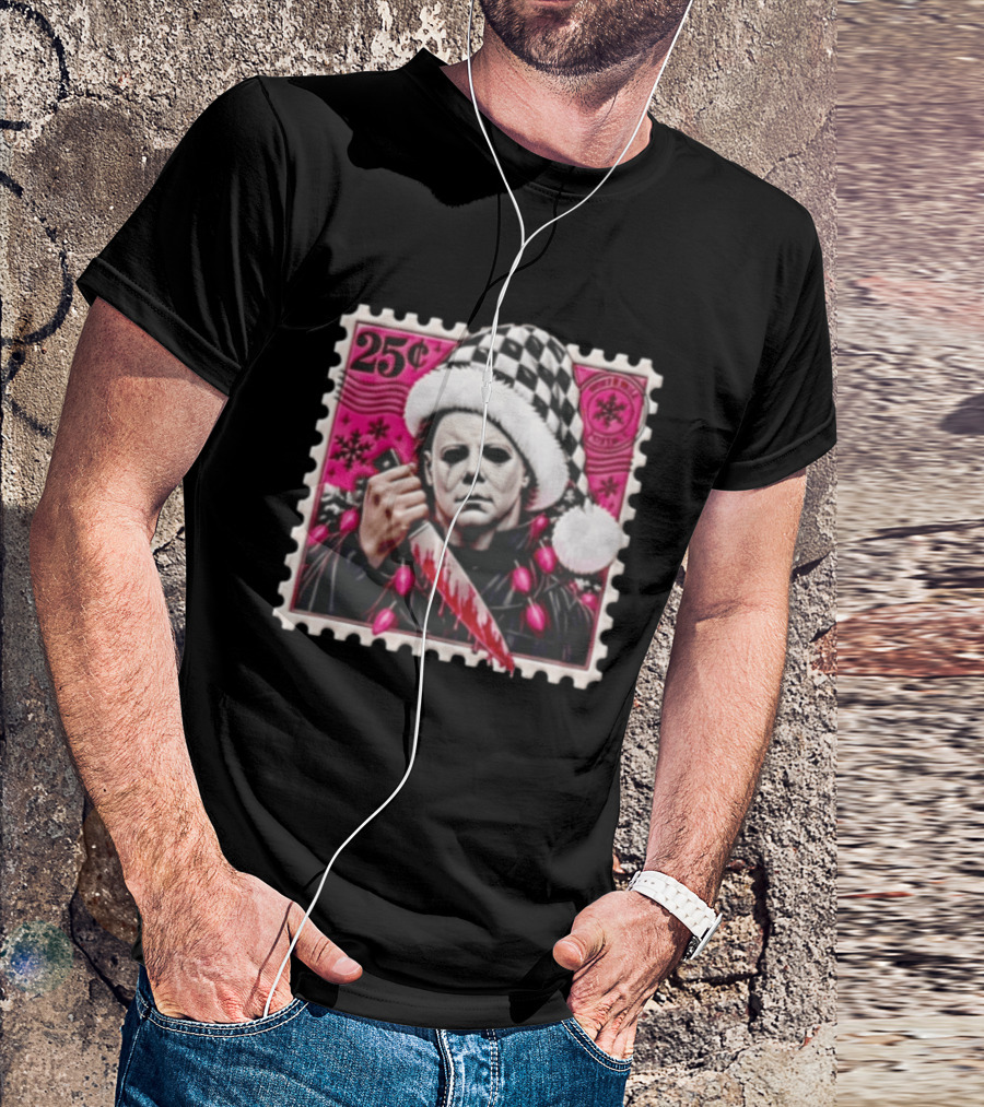Cincinnati Bengals Michael Myers 25 Cent Checkerboard Santa Hat Holding Knife Pink T-Shirt
