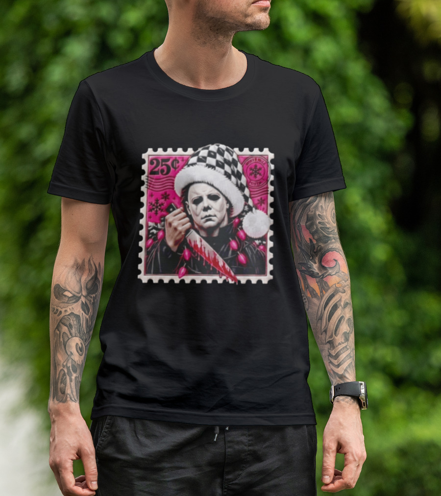 Cincinnati Bengals Michael Myers 25 Cent Checkerboard Santa Hat Holding Knife Pink T-Shirt