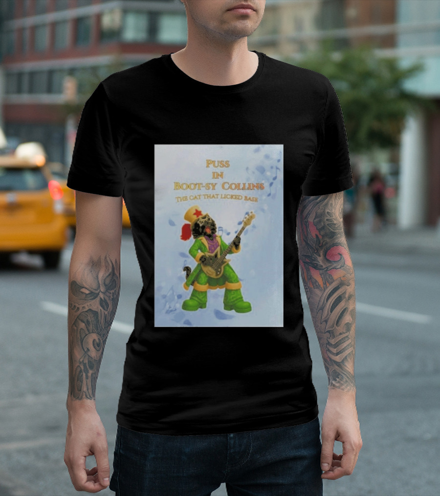 Puss In Bootsy Collins The Cat That Licked Base Green Costume Star Hat Guitar Player T-Shirt