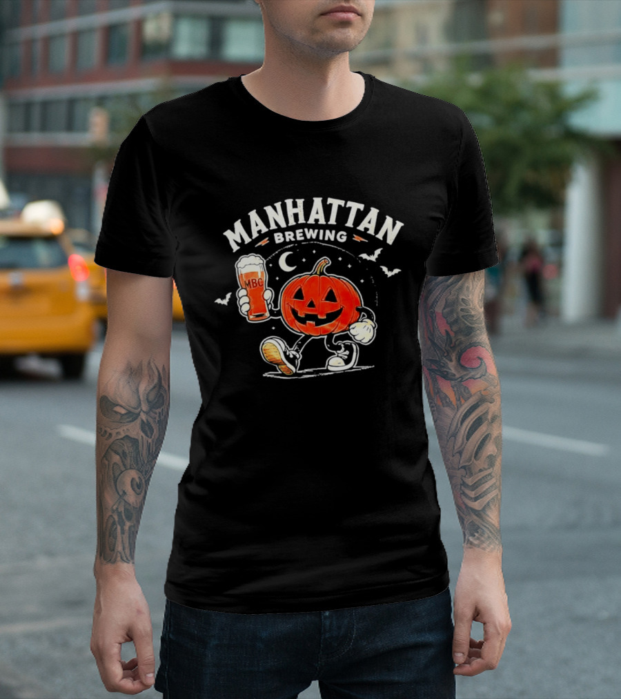 Manhattan Brewing Distressed Pumpkin Moon Walking Beer Halloween T-Shirt
