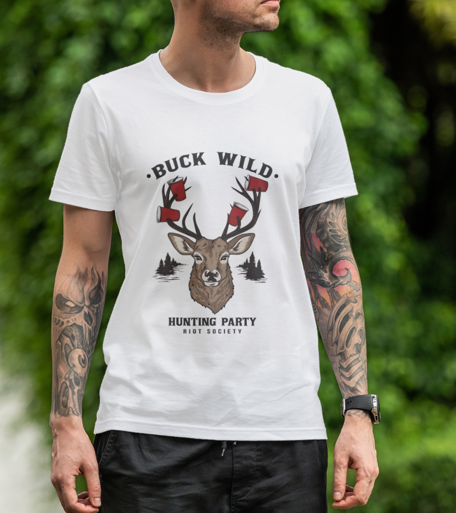 Buck Wild Hunting Party Riot Society Deer Antler Cups T-Shirt