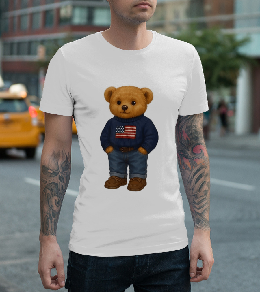Polo Bear Sweater With American Flag Knit Fashion T-Shirt