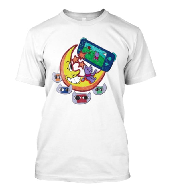 Purple Bear Gaming On Moon With Sunflowers And Dogs Whimsical Two Sided T-Shirt