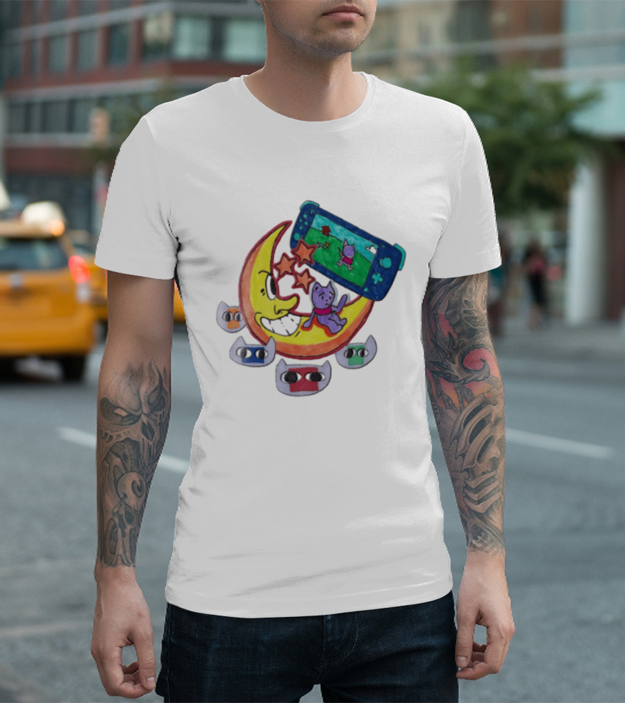 Purple Bear Gaming On Moon With Sunflowers And Dogs Whimsical Two Sided T-Shirt