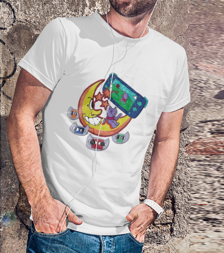 Purple Bear Gaming On Moon With Sunflowers And Dogs Whimsical Two Sided T-Shirt