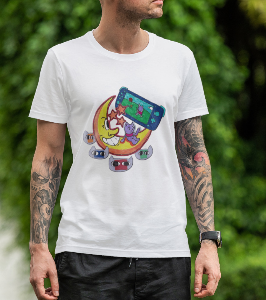 Purple Bear Gaming On Moon With Sunflowers And Dogs Whimsical Two Sided T-Shirt