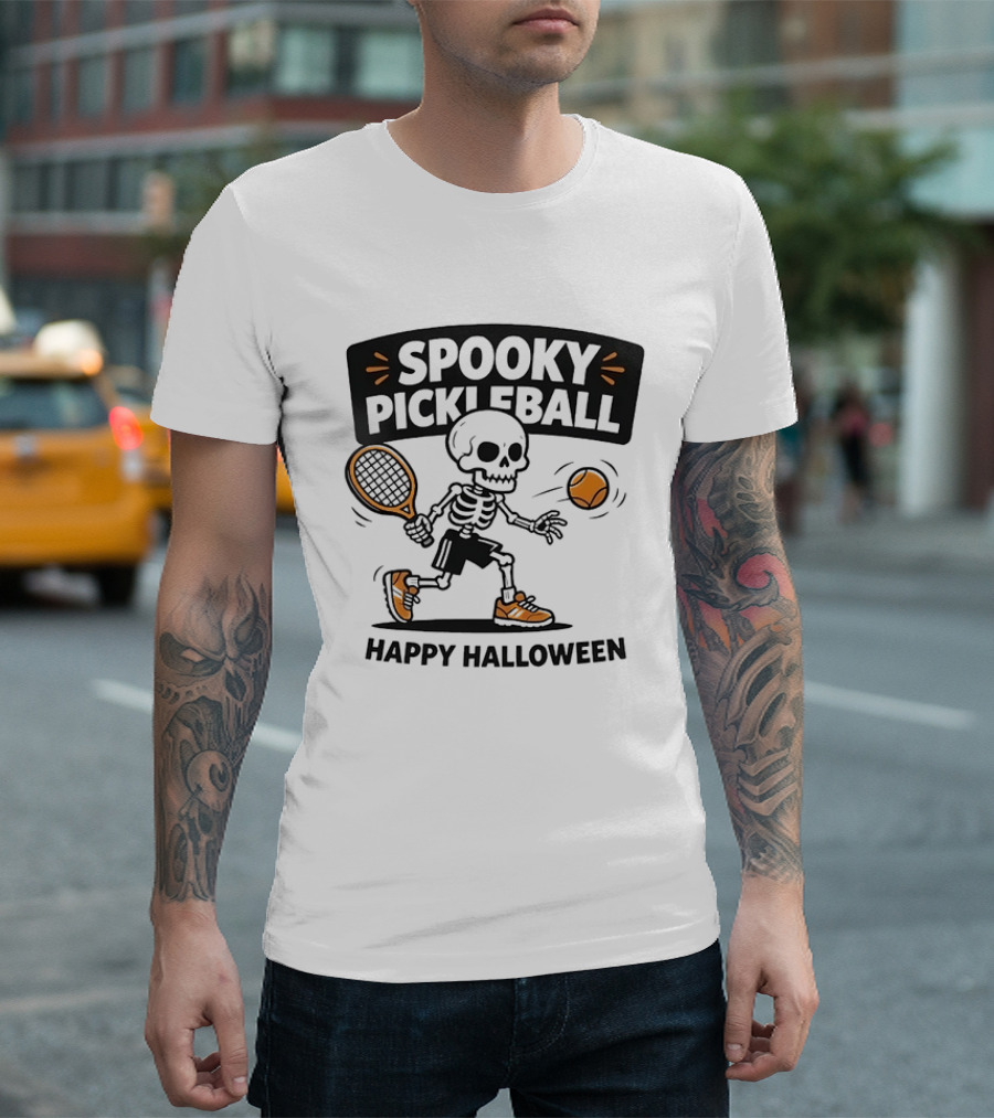 Spooky Pickleball Skeleton Halloween T-Shirt