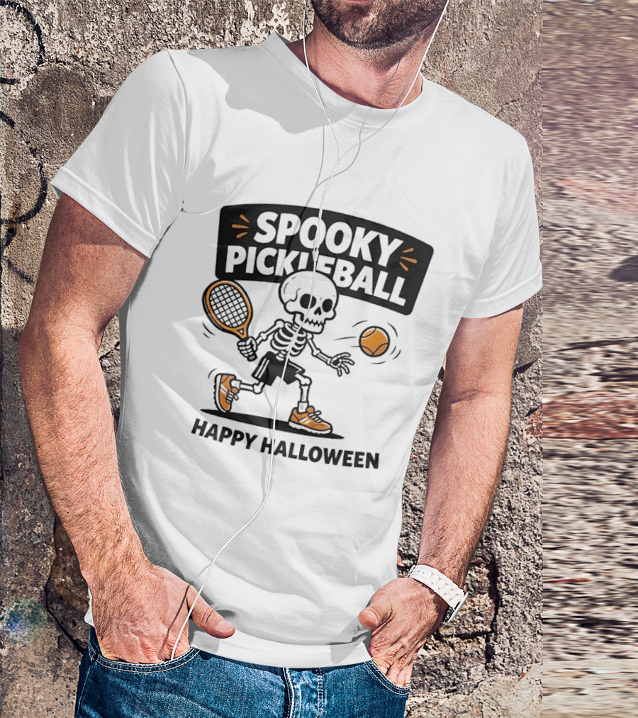 Spooky Pickleball Skeleton Halloween T-Shirt