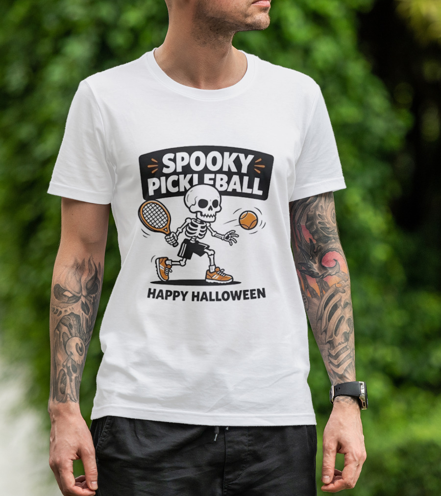 Spooky Pickleball Skeleton Halloween T-Shirt