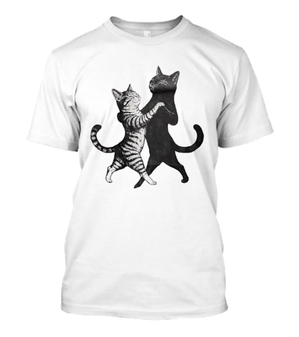 Two Cats Dancing Together Feline Black And White Playful Duo T-Shirt