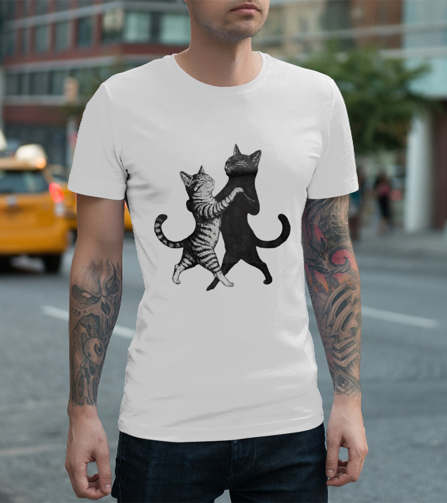 Two Cats Dancing Together Feline Black And White Playful Duo T-Shirt