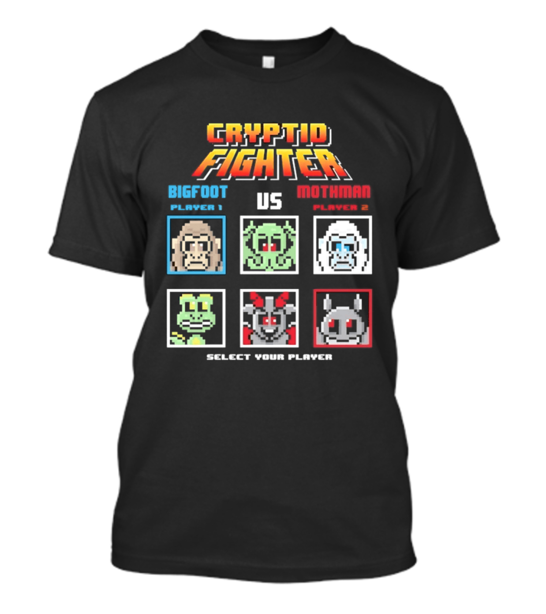 Cryptid Fighter Bigfoot Player 1 Vs Mothman Player 2 Select Your Player T-Shirt