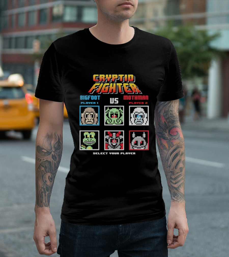 Cryptid Fighter Bigfoot Player 1 Vs Mothman Player 2 Select Your Player T-Shirt
