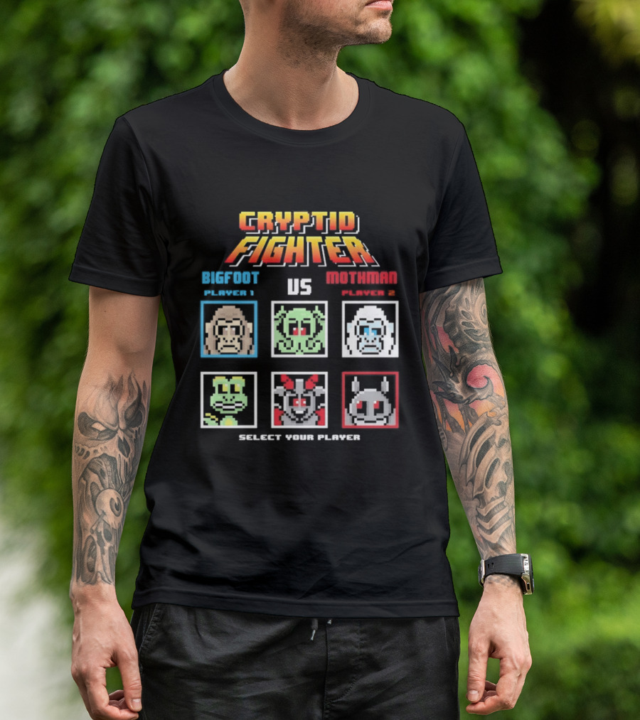 Cryptid Fighter Bigfoot Player 1 Vs Mothman Player 2 Select Your Player T-Shirt