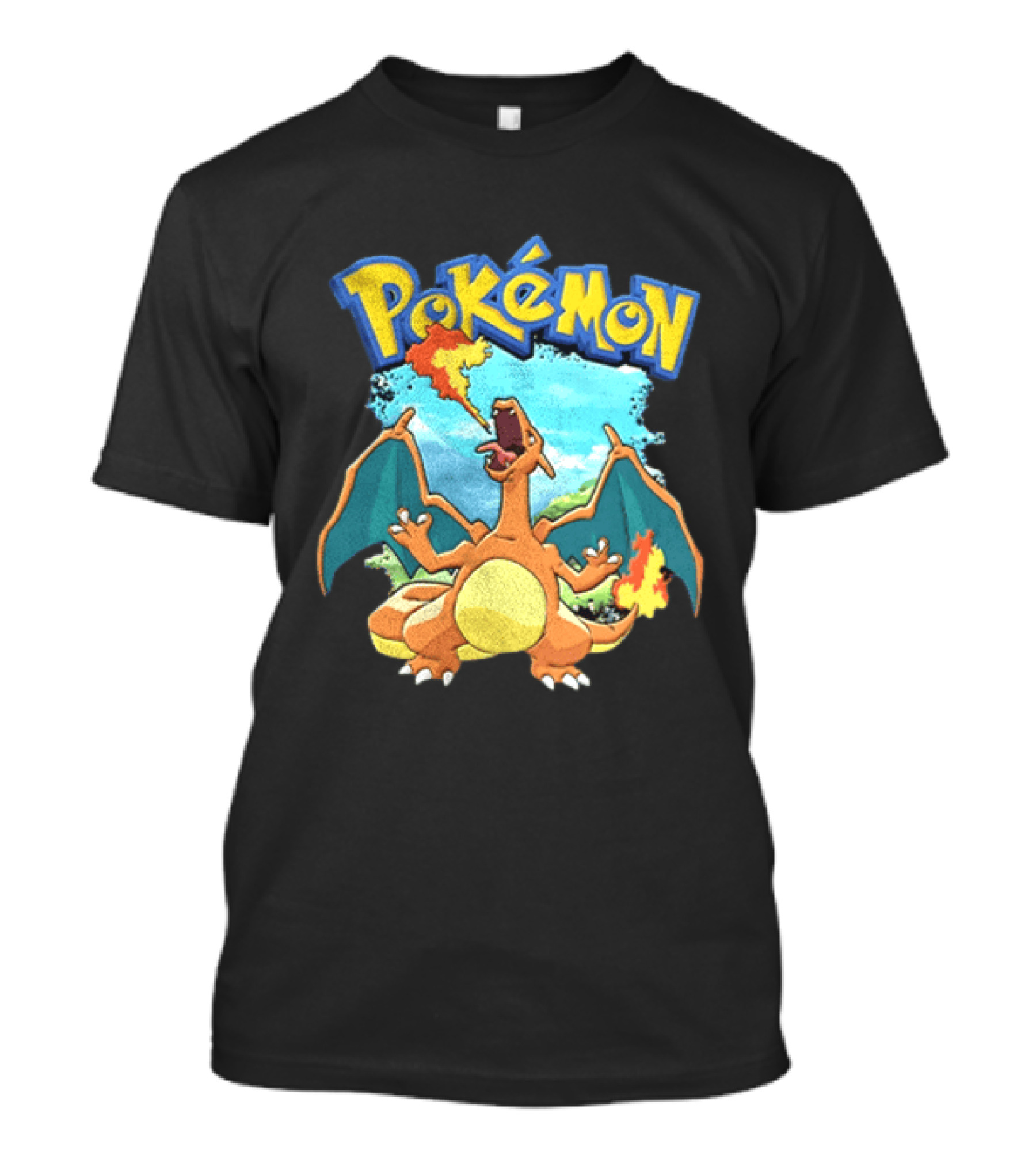 Pokemon Charizard Breathing Fire In Green Landscape T-Shirt
