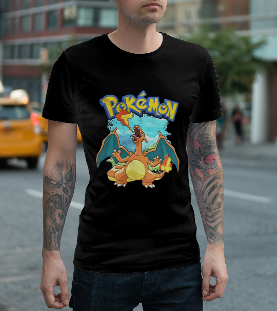 Pokemon Charizard Breathing Fire In Green Landscape T-Shirt