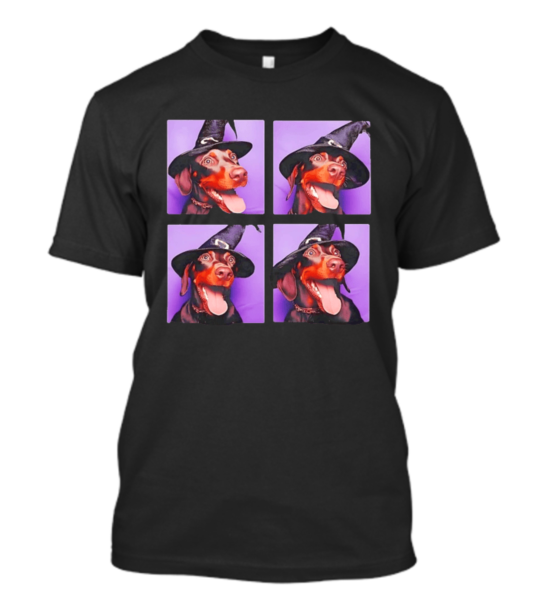 Doberman Pinscher In Witch Hat For Halloween With Purple T-Shirt