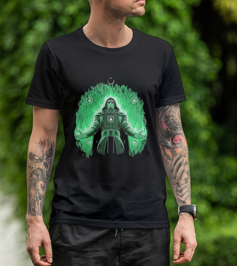 Doctor Doom Marvel Villain Green Flame Power Locked T-Shirt