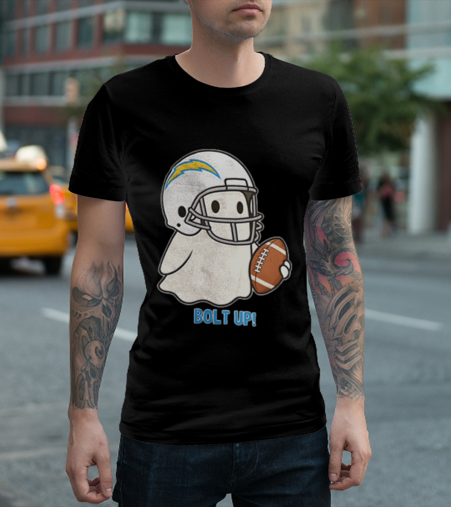 Los Angeles Chargers Bolt Up Ghost Football Helmet Holding Ball T-Shirt