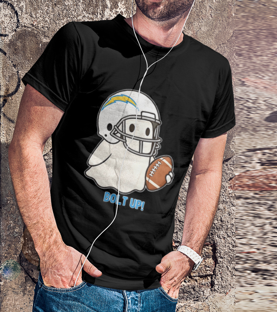 Los Angeles Chargers Bolt Up Ghost Football Helmet Holding Ball T-Shirt