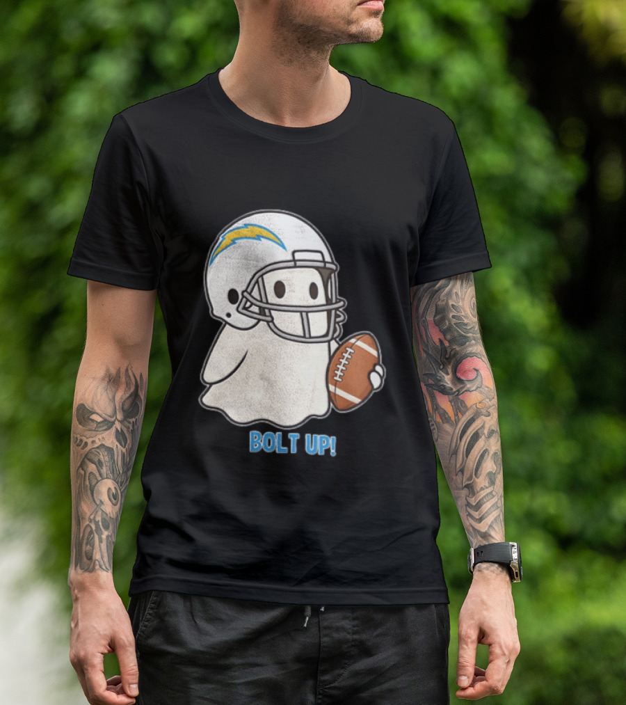 Los Angeles Chargers Bolt Up Ghost Football Helmet Holding Ball T-Shirt