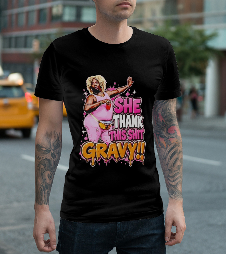 Yung Gravy She Thank This Shit Gravy Rapper Pink Outfit Drink Pose T-Shirt
