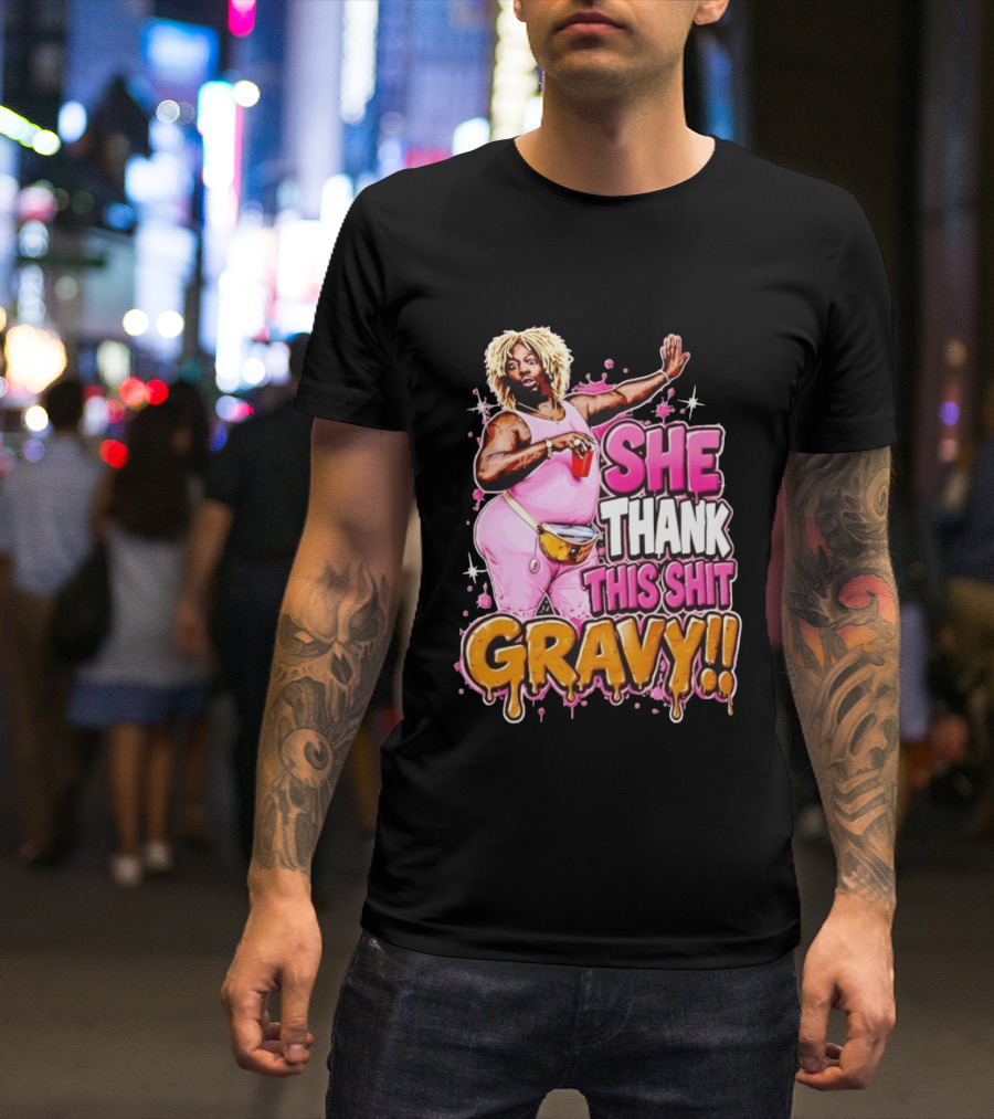 Yung Gravy She Thank This Shit Gravy Rapper Pink Outfit Drink Pose T-Shirt