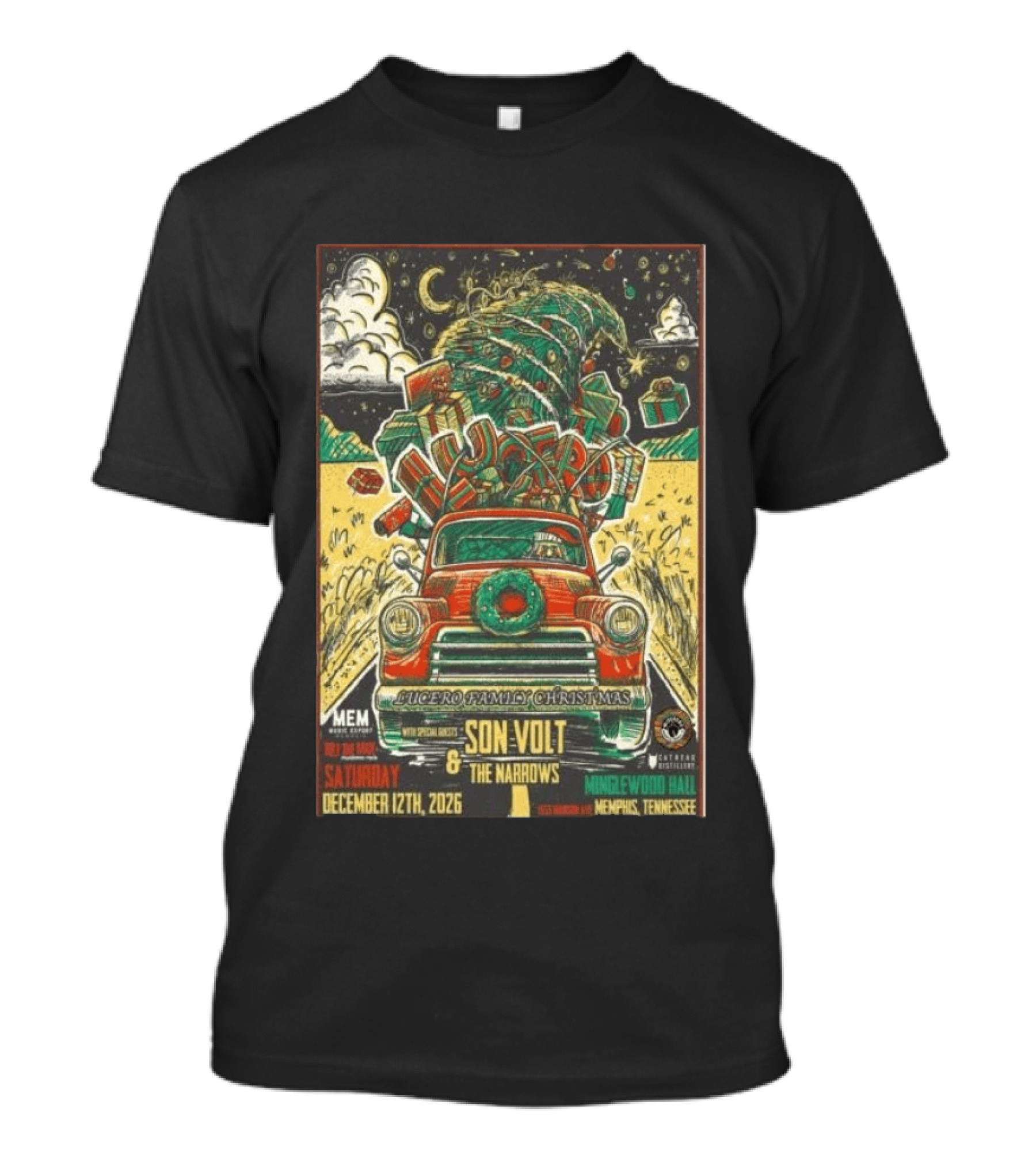 Lucero Family Christmas Concert Memphis Minglewood Hall December 12 2026 Featuring Son Volt And The Narrows Holiday Bash T-Shirt