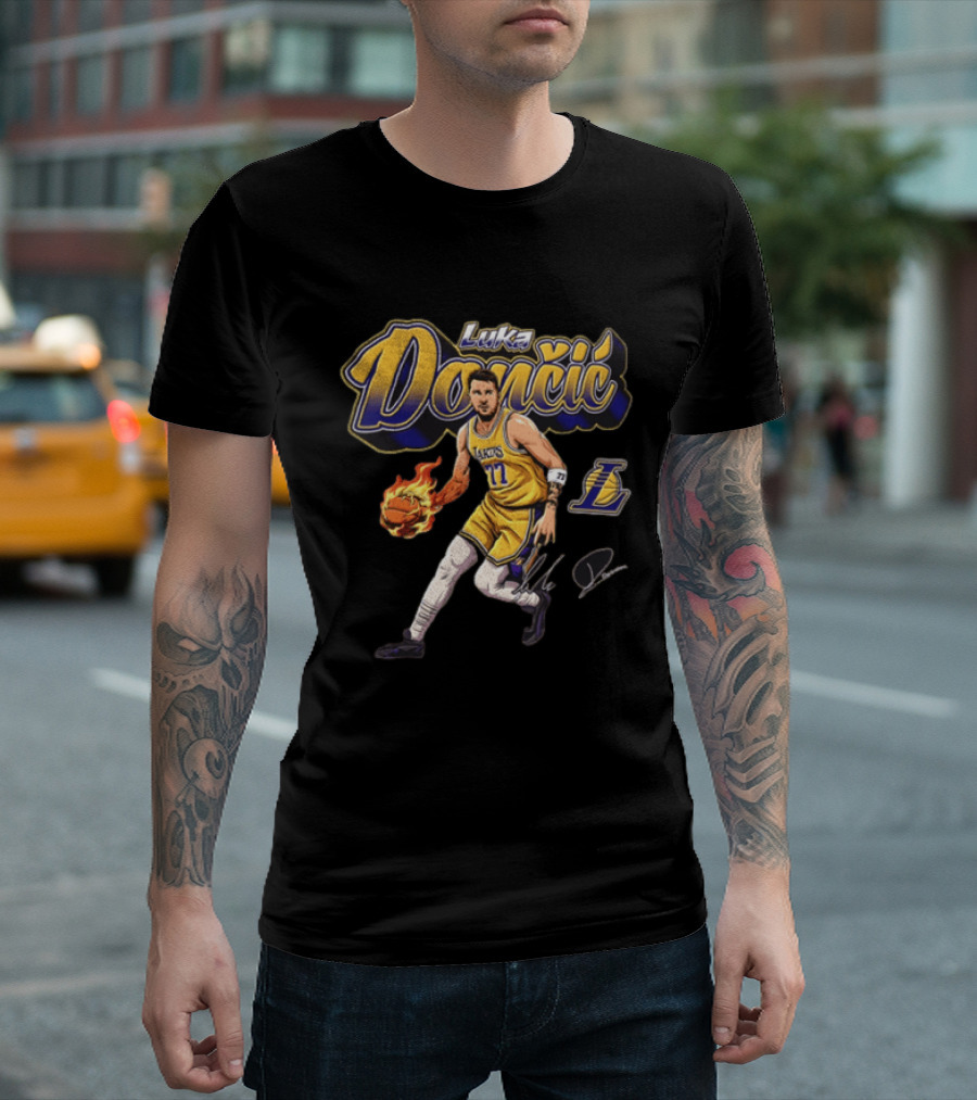 Luka Dončić Los Angeles Lakers Flaming Basketball Dribble NBA Player T-Shirt