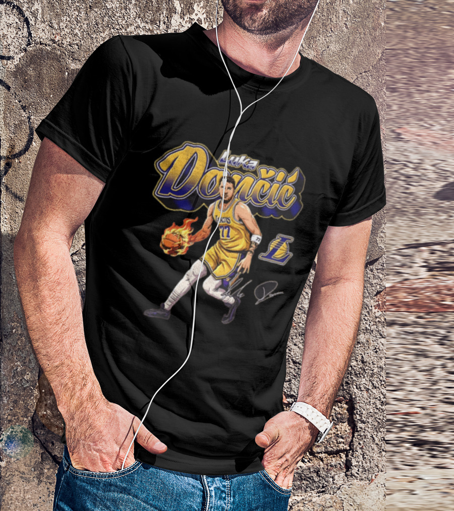 Luka Dončić Los Angeles Lakers Flaming Basketball Dribble NBA Player T-Shirt