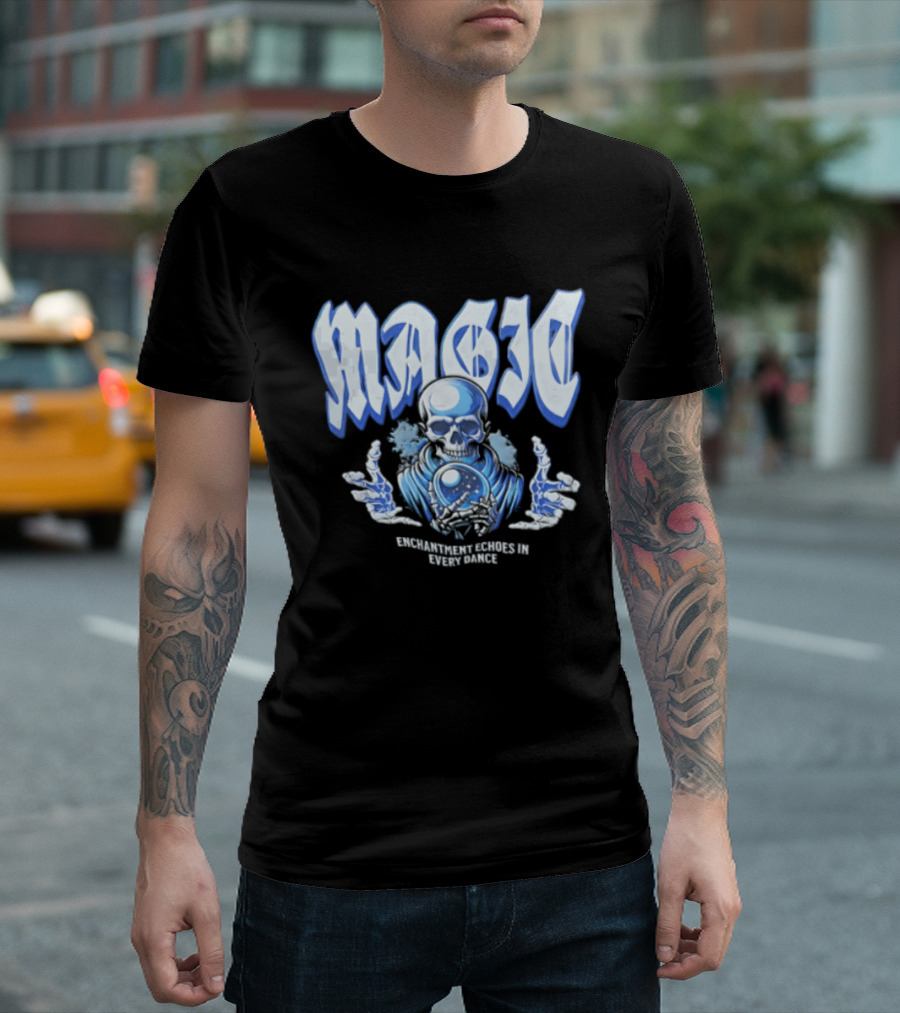 Magic Enchantment Echoes Skeleton Holding Glowing Crystal Ball T-Shirt