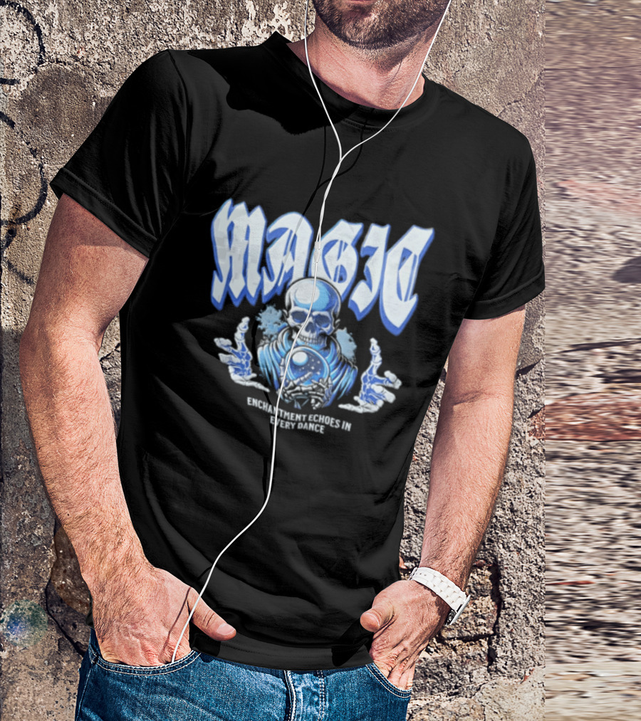 Magic Enchantment Echoes Skeleton Holding Glowing Crystal Ball T-Shirt