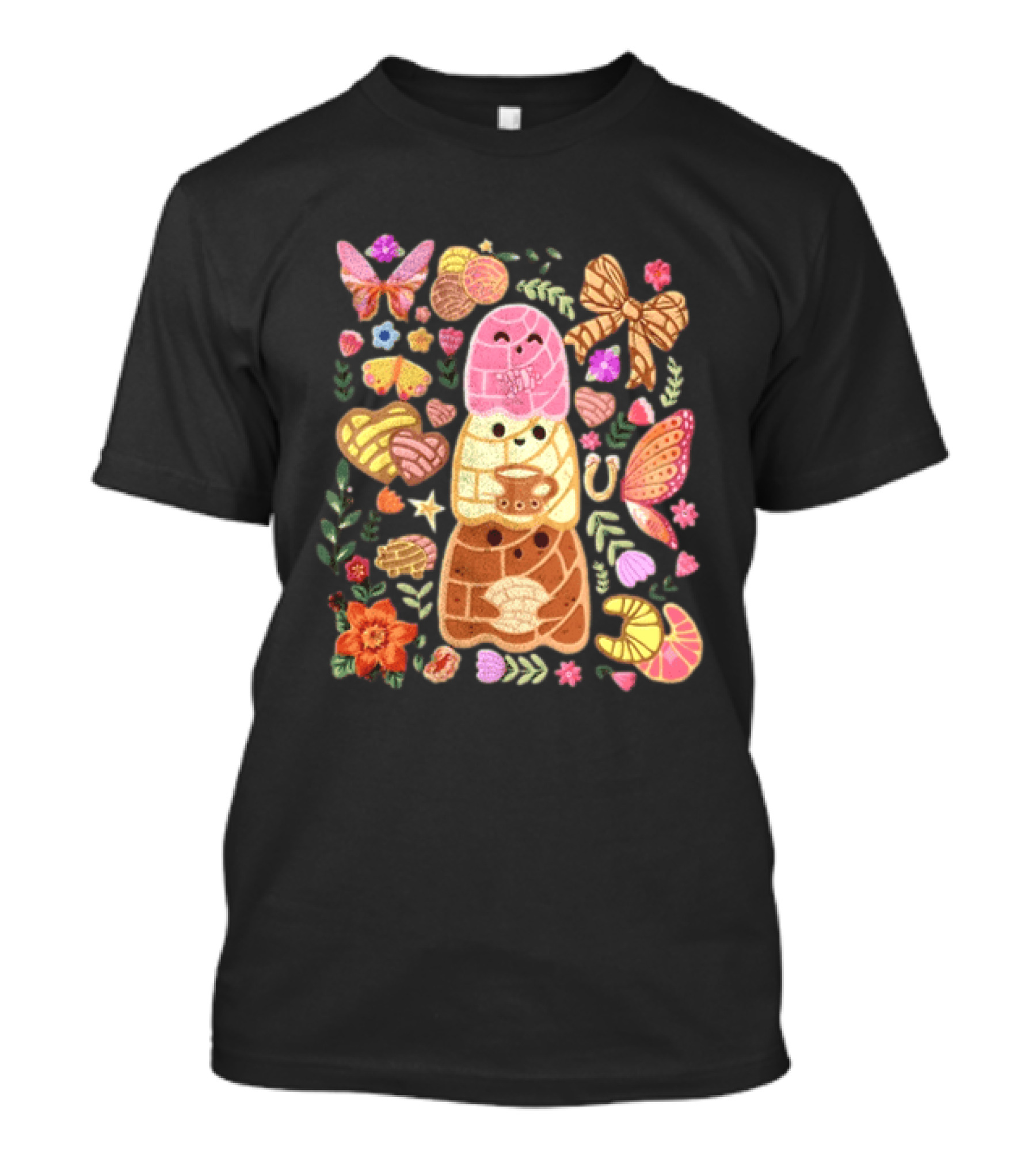 Stacked Concha Bread Characters With Colorful Flowers And Butterflies T-Shirt
