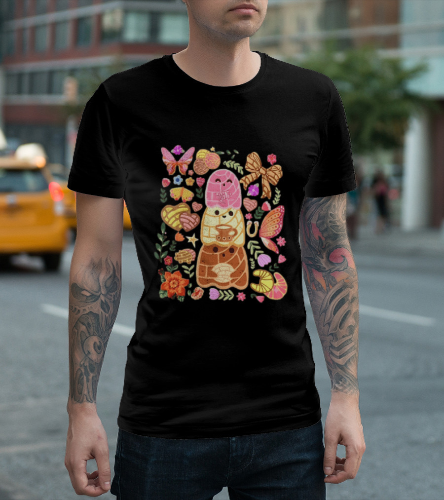 Stacked Concha Bread Characters With Colorful Flowers And Butterflies T-Shirt