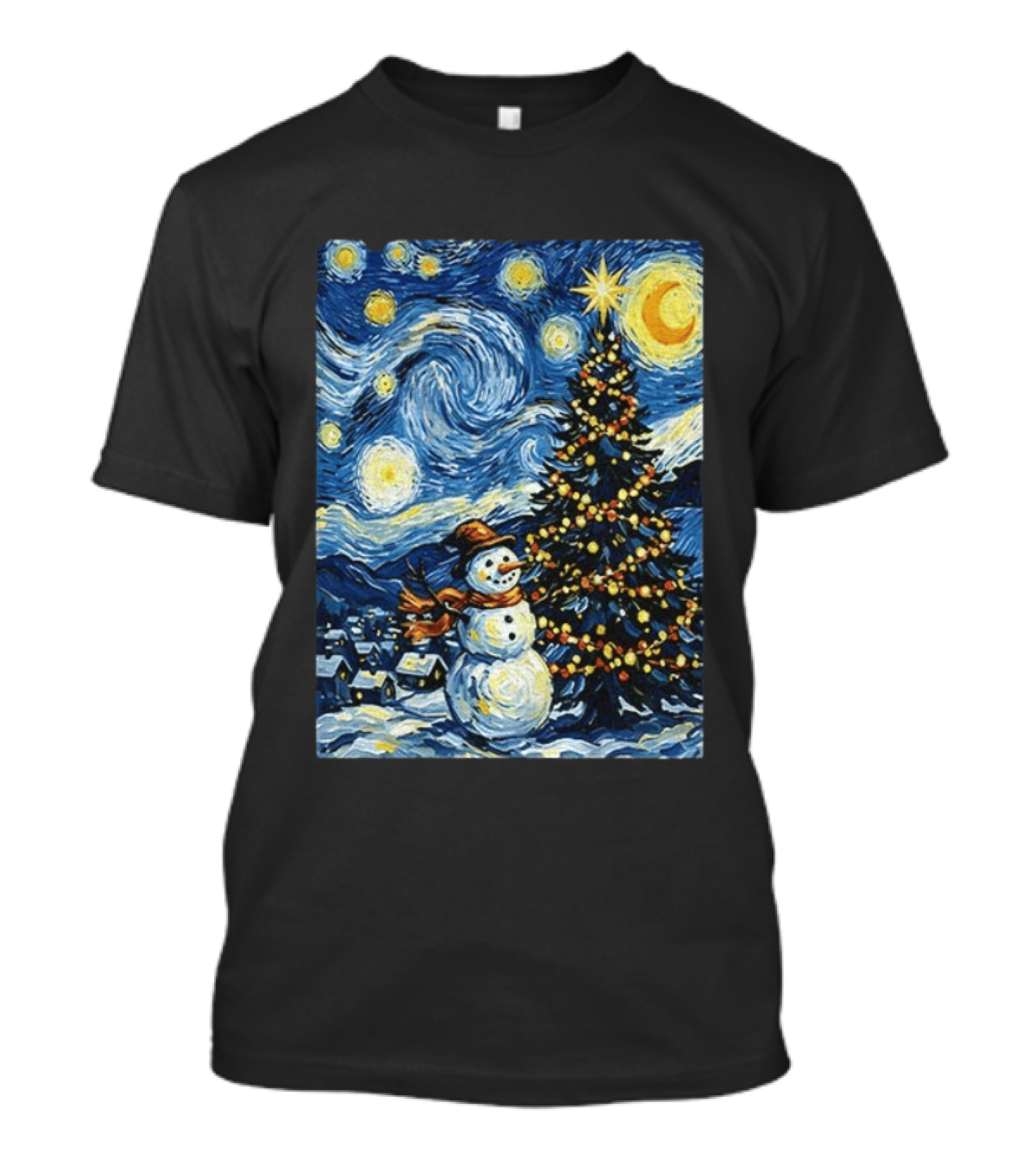 Starry Snowman Christmas Night With Tree And Sky T-Shirt