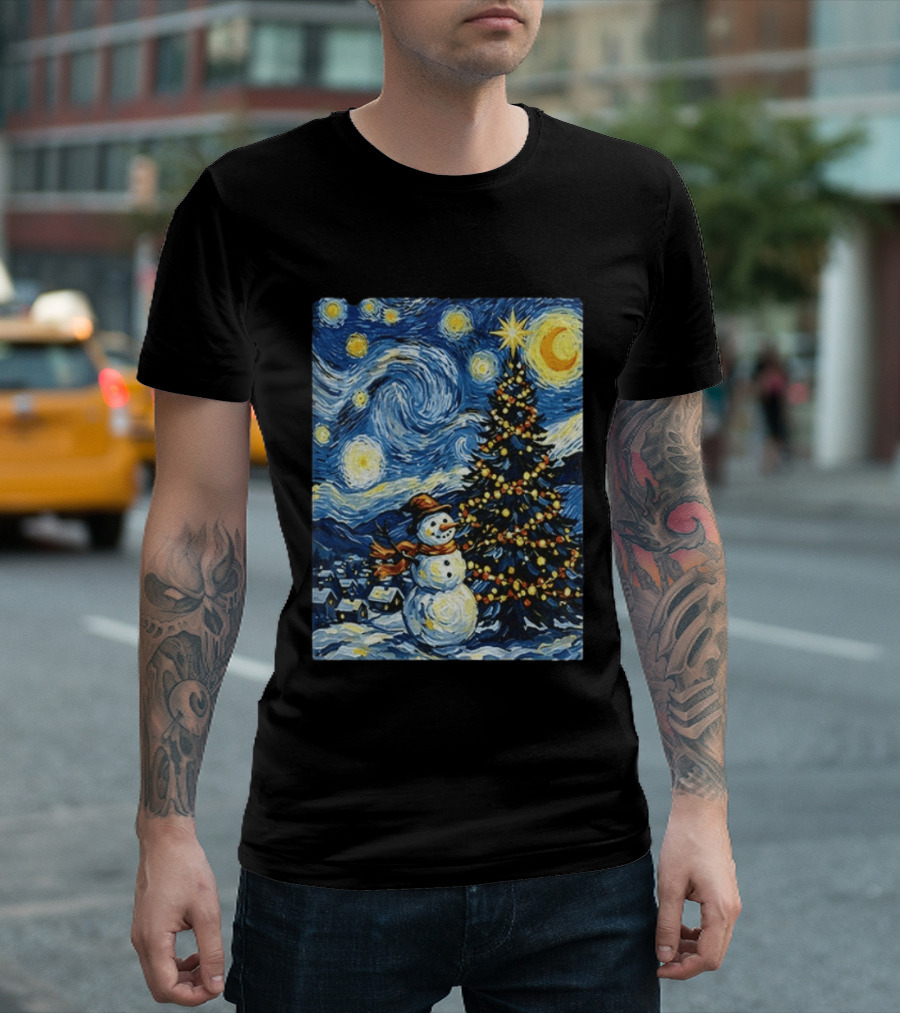 Starry Snowman Christmas Night With Tree And Sky T-Shirt