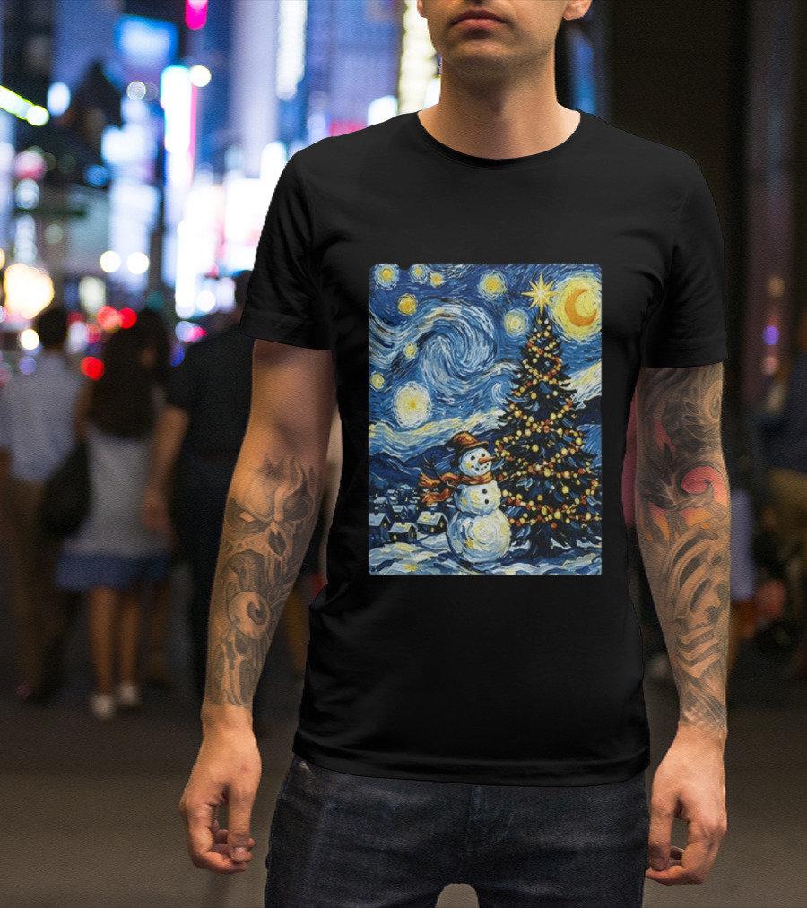 Starry Snowman Christmas Night With Tree And Sky T-Shirt