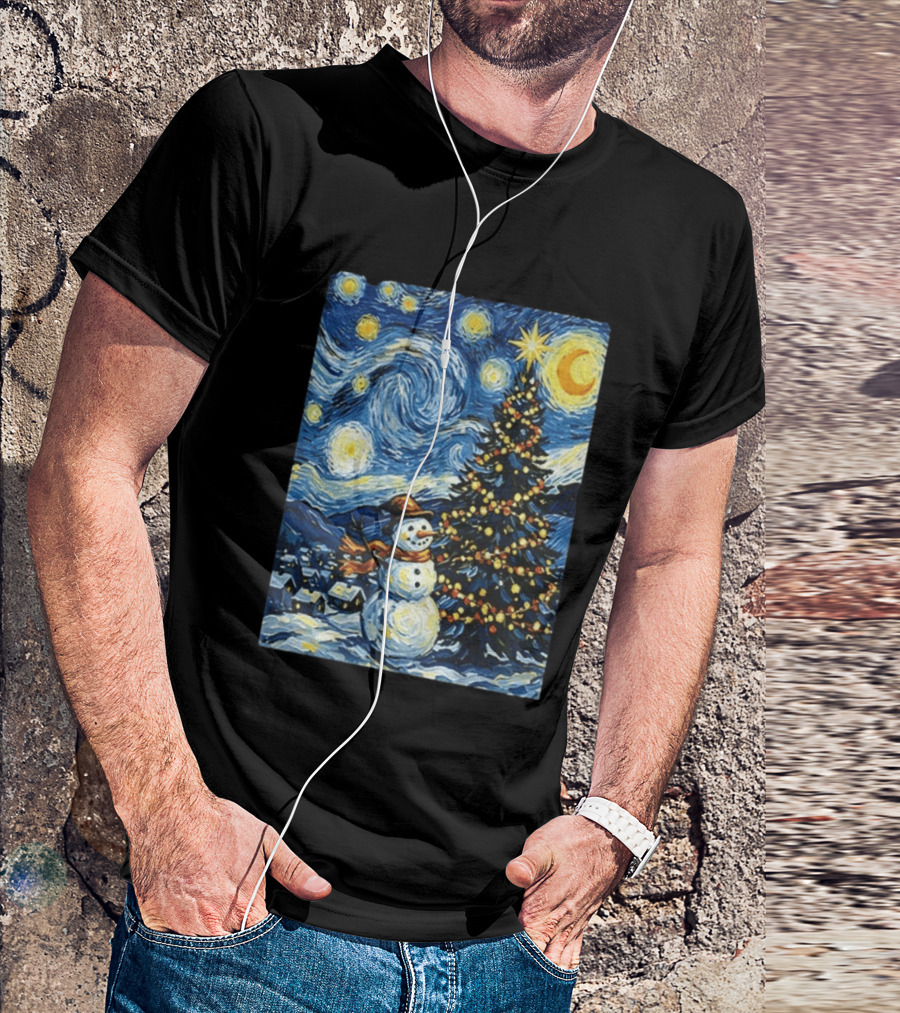 Starry Snowman Christmas Night With Tree And Sky T-Shirt