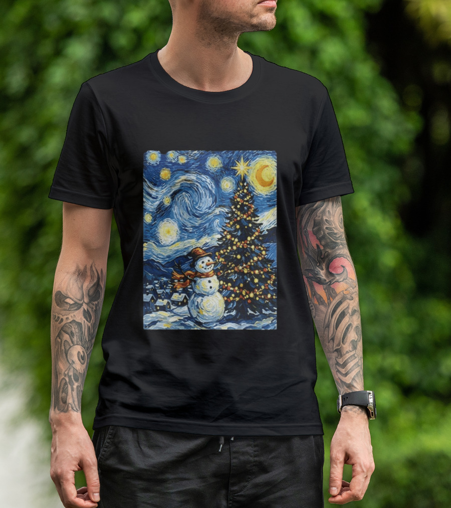 Starry Snowman Christmas Night With Tree And Sky T-Shirt